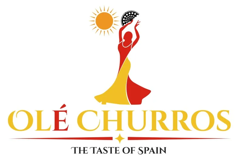 Screenshot 2026-06-17 144116 A stylized logo of a flamenco dancer in red and yellow beneath a sun, holding a fan. Below, the text reads OLÉ CHURROS in red and yellow, and THE TASTE OF SPAIN in black.