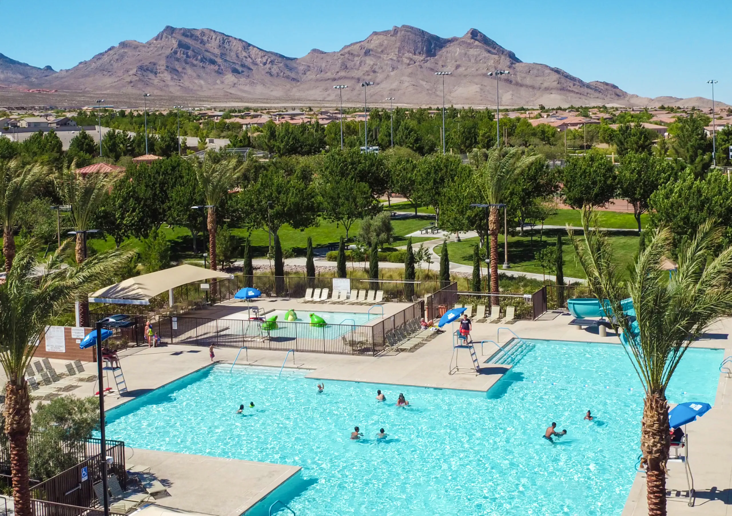A large outdoor swimming pool with people swimming, surrounded by palm trees and lounge chairs, with green trees and mountains in the background under a clear blue sky.