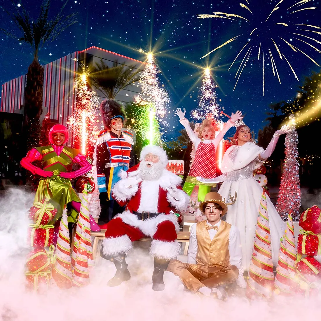 Father Christmas surrounded by his helpers