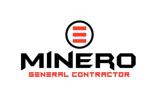 Logo with a red and black circle above the word Minero in bold black letters. Below, General Contractor is written in uppercase red letters. White background.