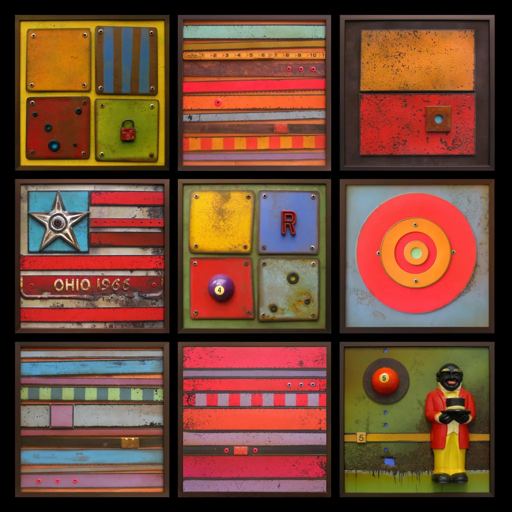 A grid of nine colorful, geometric mixed-media art pieces, including patterns, a star, stripes, concentric circles, and a small figurine holding a book, all with a vintage, textured appearance.