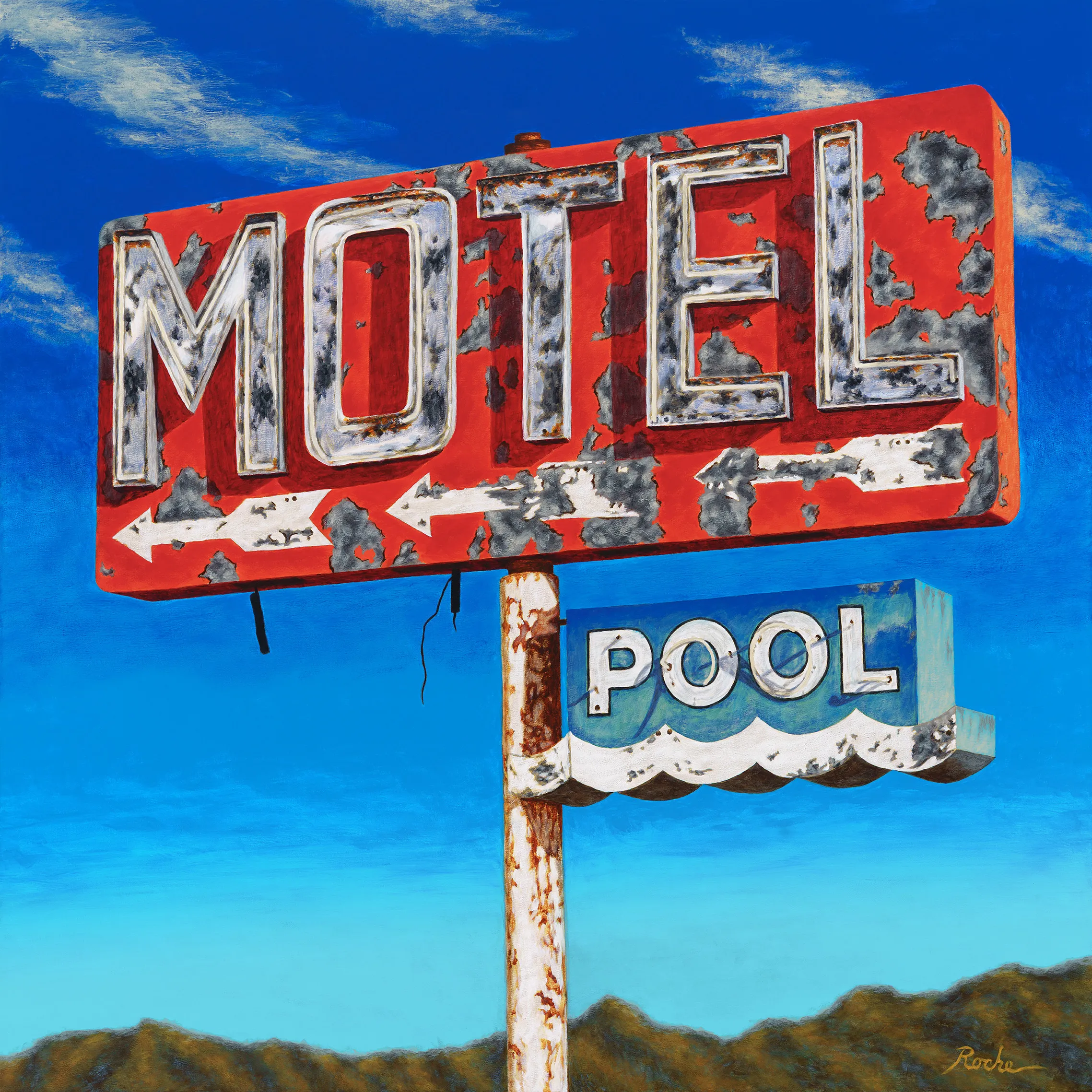 A weathered red MOTEL sign sits above a blue POOL sign with wave designs, set against a bright blue sky and mountain landscape.