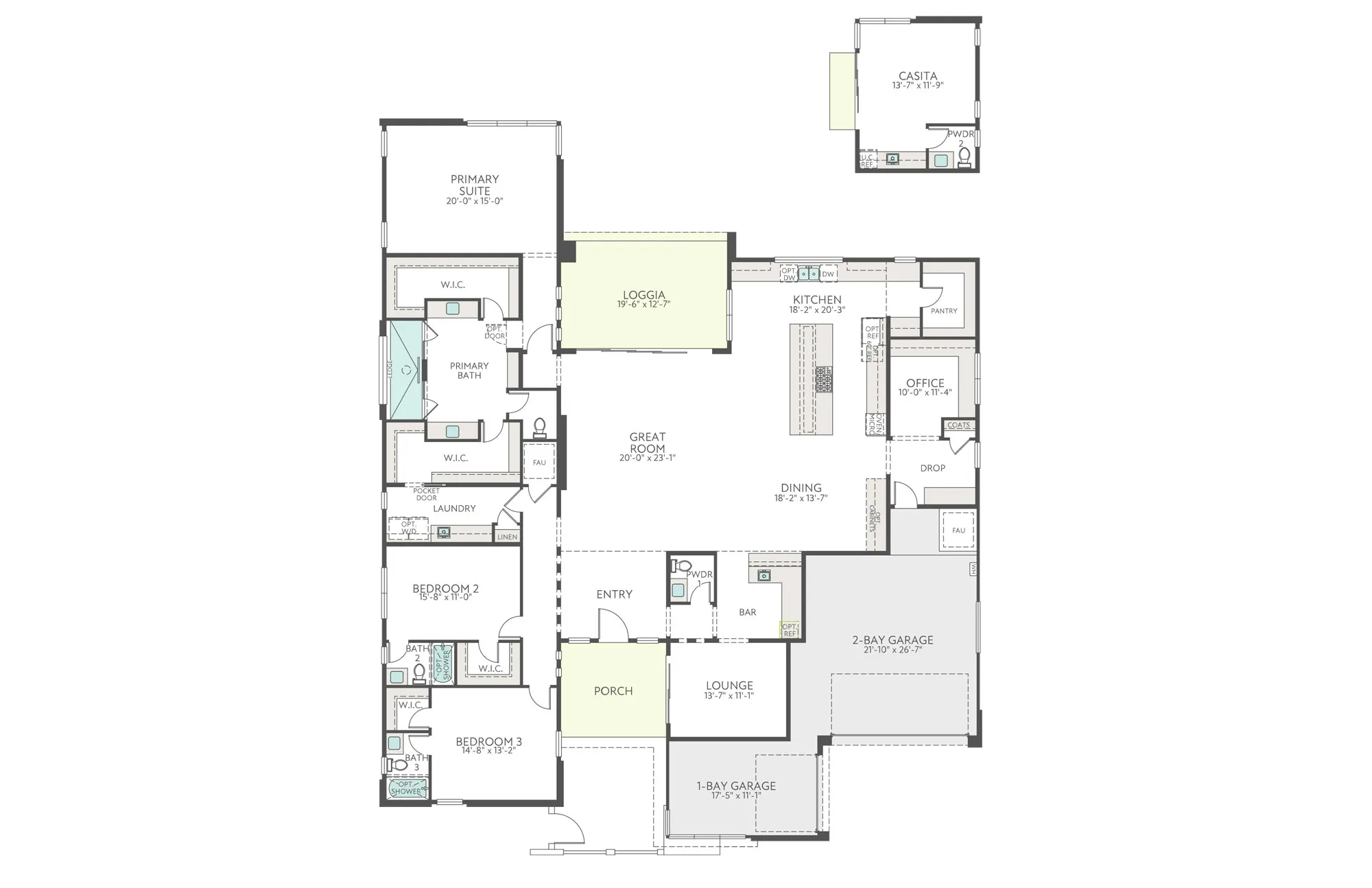 Floorplan of Plan 4 at Agave Ridge by Tri Pointe Homes Floor plan of a single-story house with 3 bedrooms, 3.5 baths, kitchen, dining, lounge, office, primary suite, porches, 3-bay garage, and a casita. Includes labeled rooms and basic layout.