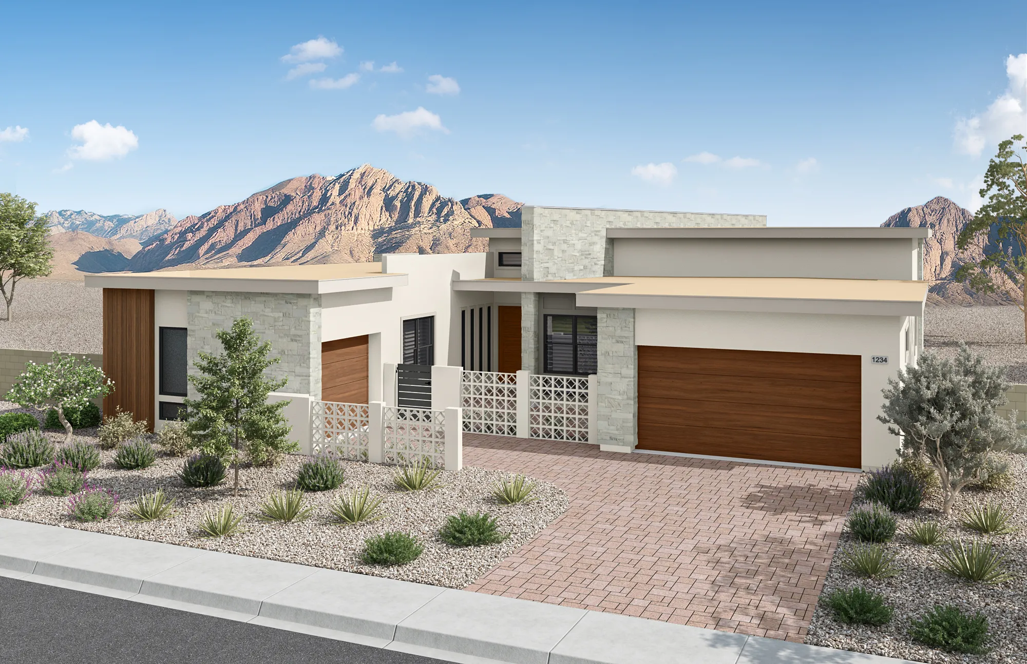 Modern single-story house with flat roofs, stone and wood accents, two garages, and desert landscaping. Mountains and blue sky are visible in the background.