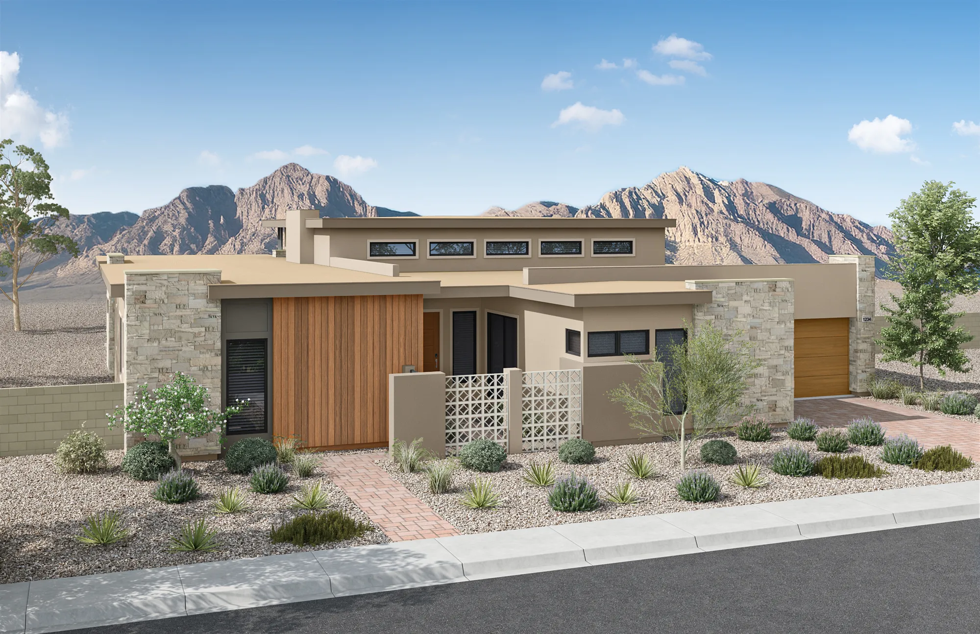 Front Elevation A of Plan 4 at Agave Ridge by Tri Pointe Homes Modern desert home with stone and wood accents, flat roof, large windows, gravel landscaping, desert plants, and mountain scenery in the background under a clear blue sky.