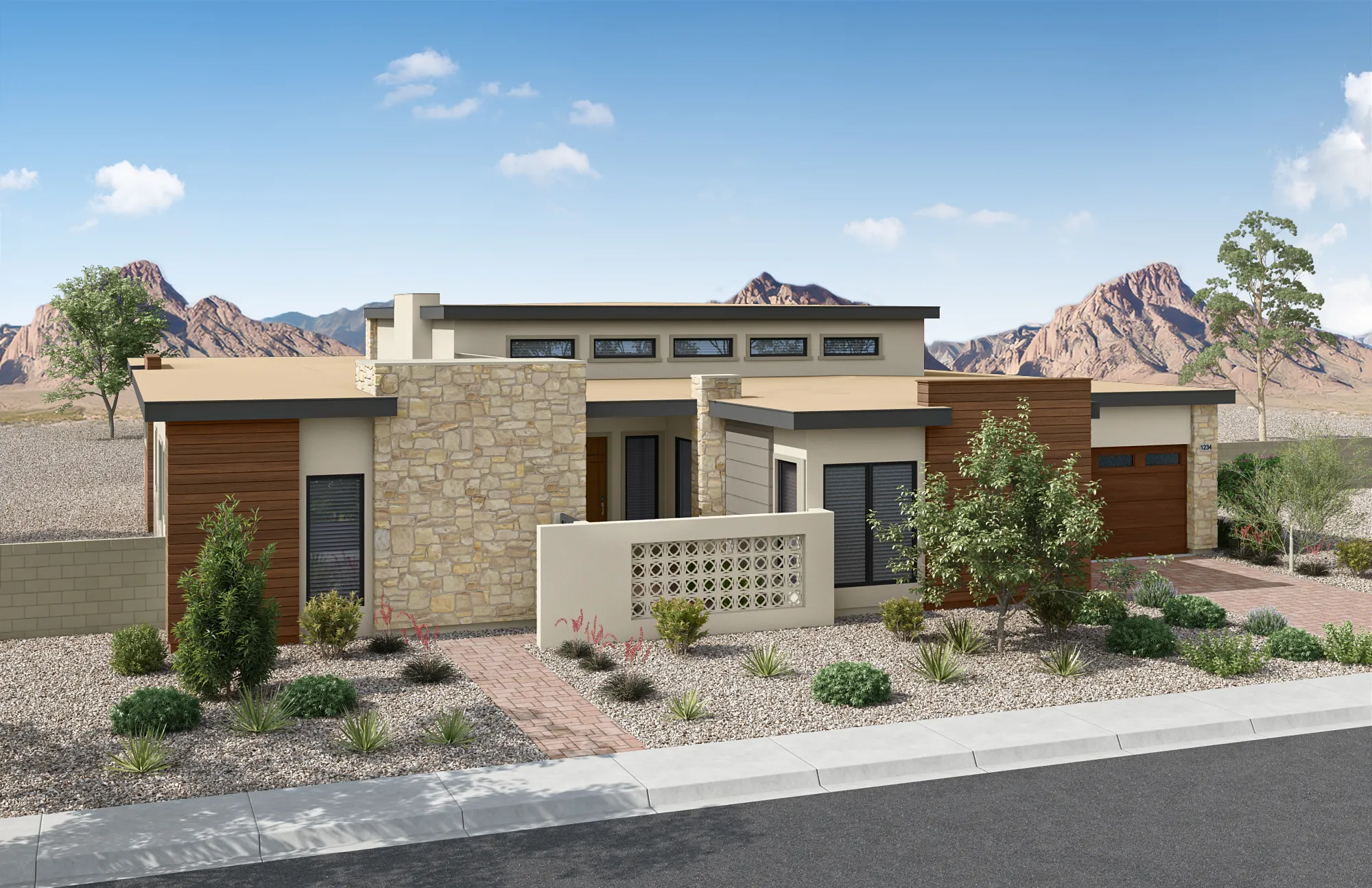 Front Elevation B of Plan 4 at Agave Ridge by Tri Pointe Homes Modern single-story house with stone and wood accents, flat roof, and rectangular windows, set in a desert landscape with mountains and sparse plants under a blue sky.