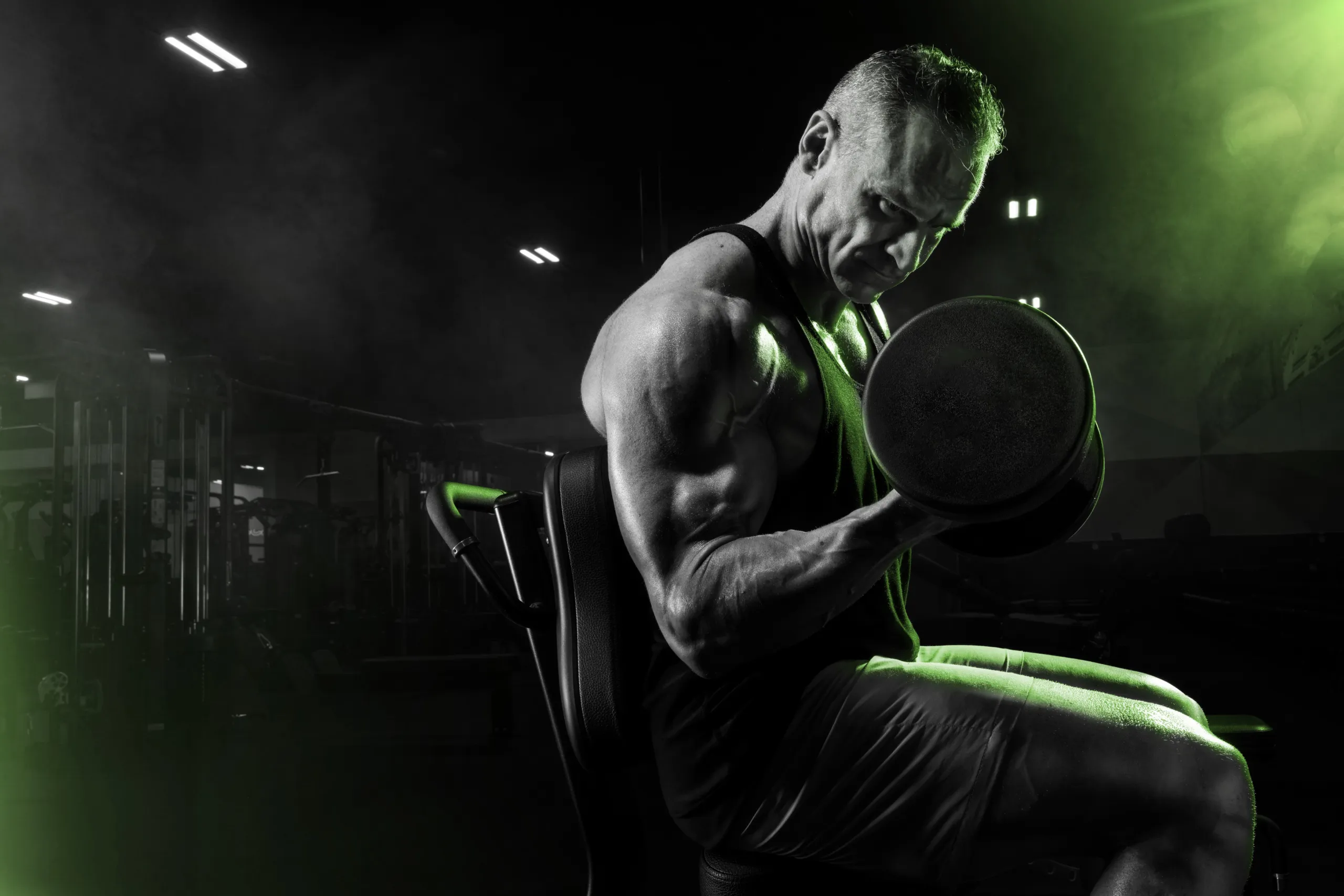 A muscular man sitting on a weight bench performs a bicep curl with a dumbbell in a dimly lit gym.
