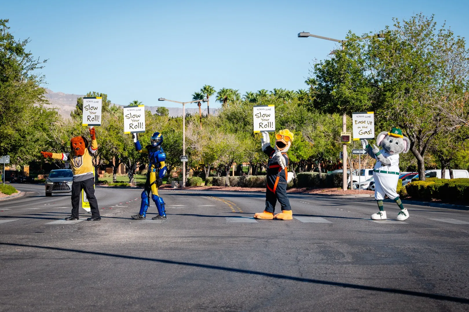 Four people in colorful animal and character costumes stand in the middle of a street holding signs that read Slow Roll, surrounded by trees and streetlights on a sunny day.
