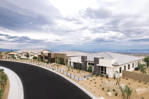 A suburban street with modern, single-story homes and desert landscaping under a cloudy sky, overlooking a distant city skyline.