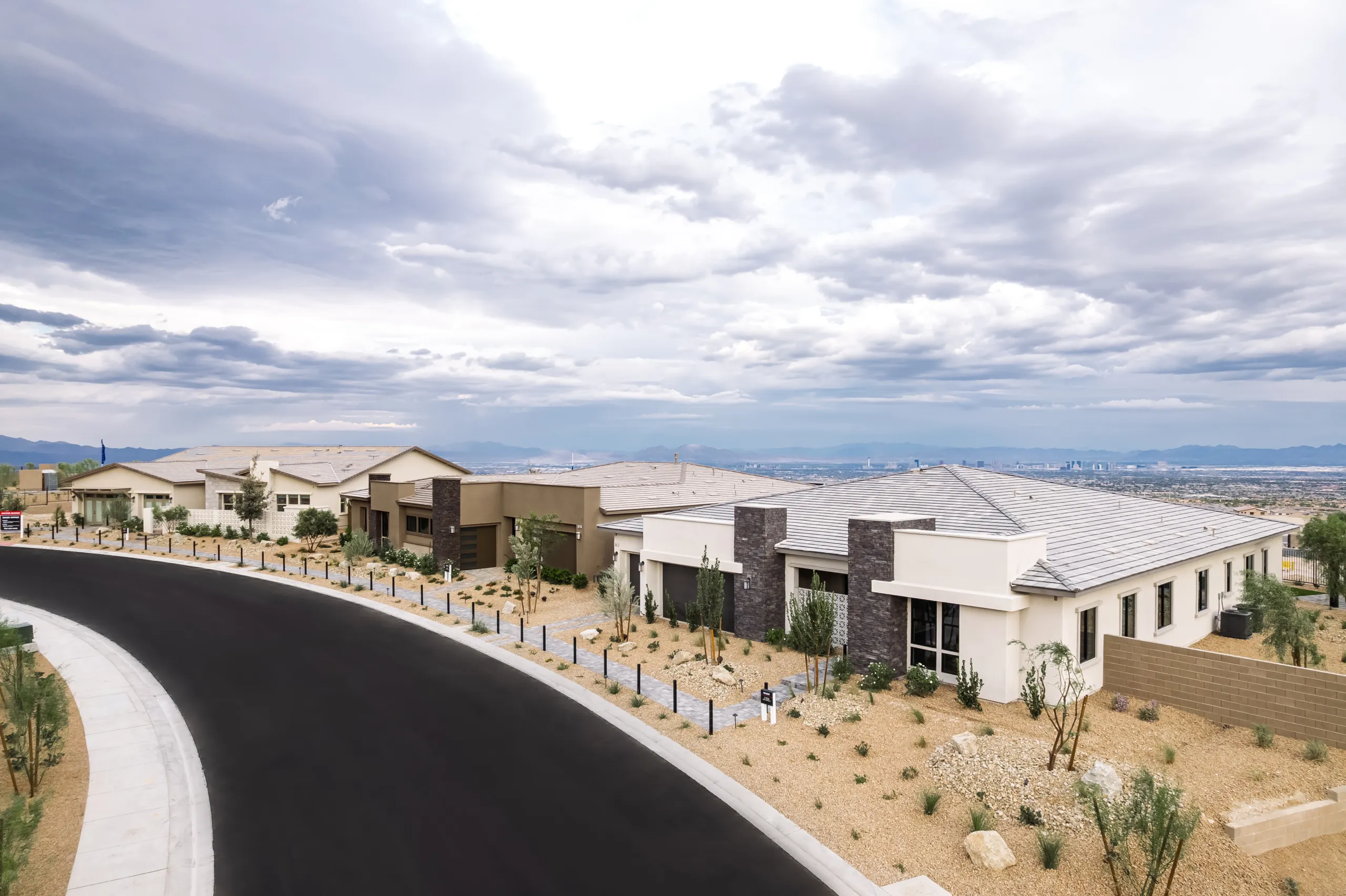 A suburban street with modern, single-story homes and desert landscaping under a cloudy sky, overlooking a distant city skyline.