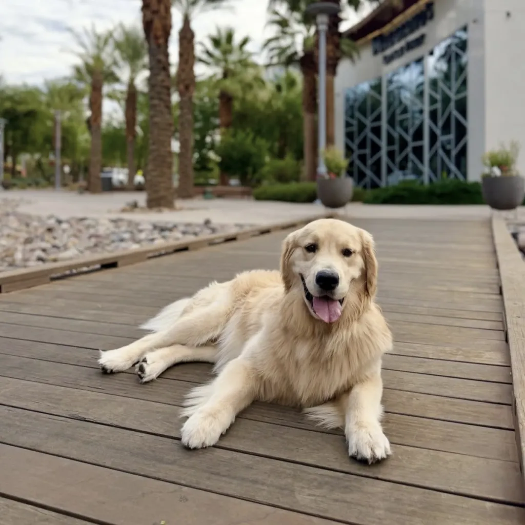 A golden retriever lies on a wooden walkway, tongue out, with palm trees and a modern building in the background on a clear day.